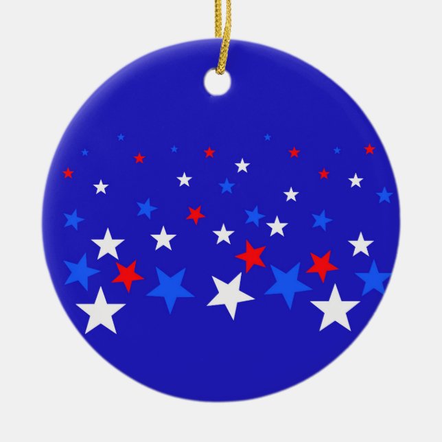 Blue, Red and White Star Pattern Ceramic Tree Decoration (Front)