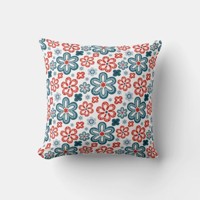 Blue, Red and White Whimsical Flower Motifs Cushion (Front)