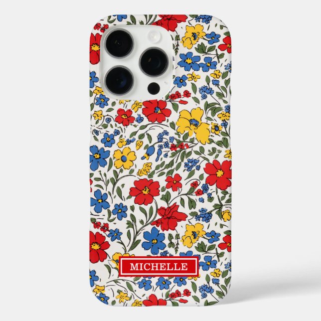 Blue Red and Yellow Ditsy Flowers Monogrammed Case-Mate iPhone Case (Back)
