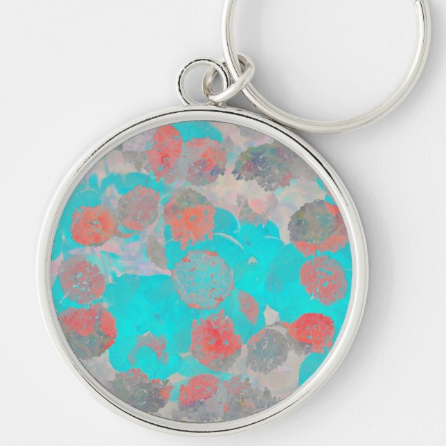 Blue red art of romantic floral / flower pattern key ring (Front)