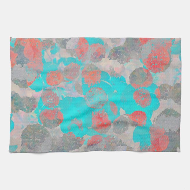 Blue red art of romantic floral / flower pattern tea towel (Horizontal)