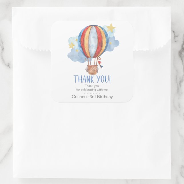 Blue Red Balloon Stars Kids Birthday Thanks Favour Square Sticker (Bag)