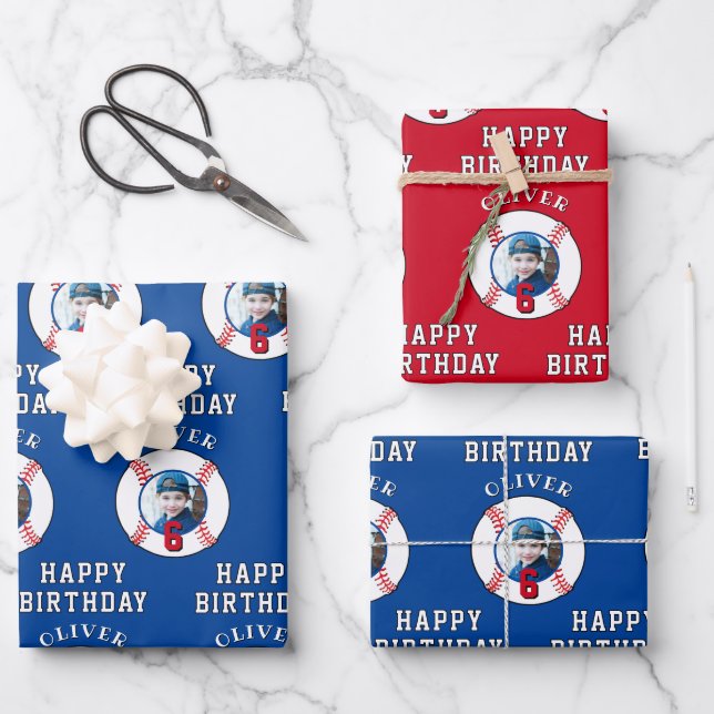 Blue Red Baseball Ball Kids Birthday Photo Wrapping Paper Sheet (Front)
