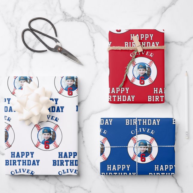 Blue Red Baseball Ball Kids Birthday Photo Wrapping Paper Sheet (Front)