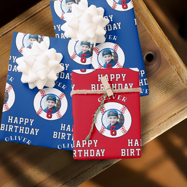 Blue Red Baseball Ball Kids Birthday Photo Wrapping Paper Sheet (Creator Uploaded)