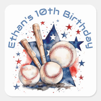 Blue Red Baseball Bat Ball Name BIrthday Party Square Sticker