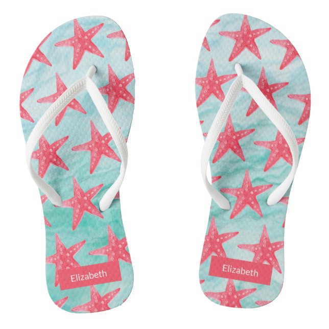 Blue Red Beach Aqua Fish Pattern Flip Flops (Footbed)