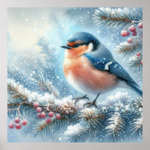 Blue Red Bird and Winter Landscape 8 Poster