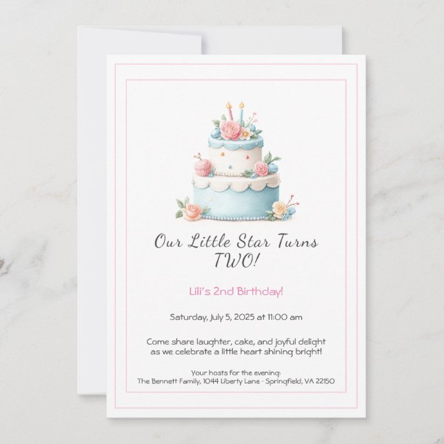 Blue & Red Birthday Cake – 2nd Birthday Invitation (Front)