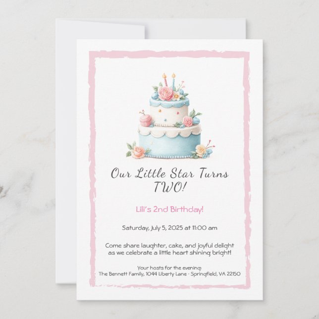 Blue & Red Birthday Cake – 2nd Birthday Invitation (Front)