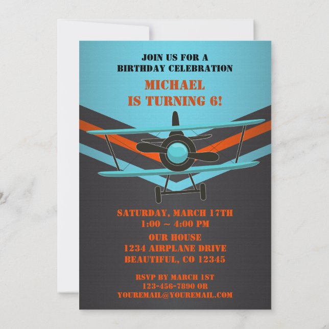 Blue, Red, Black Aeroplane Aviation Birthday Party Invitation (Back)
