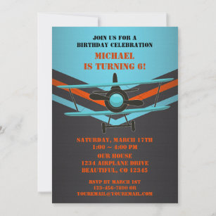 Blue, Red, Black Aeroplane Aviation Birthday Party Invitation