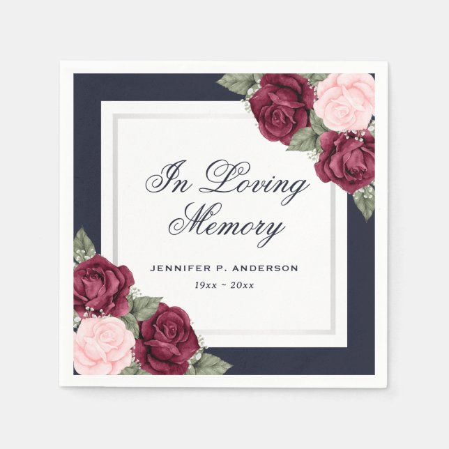 Blue Red Blush Pink Floral Funeral Memorial Napkin (Front)