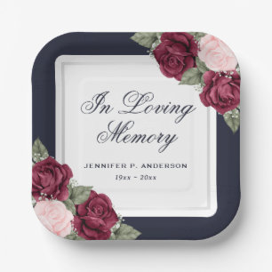 Blue Red Blush Pink Floral Memorial Funeral Paper Plate