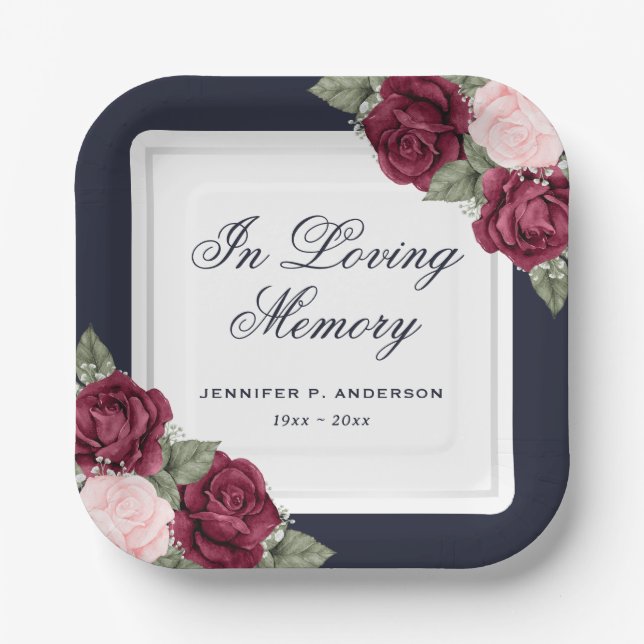 Blue Red Blush Pink Floral Memorial Funeral Paper Plate (Front)