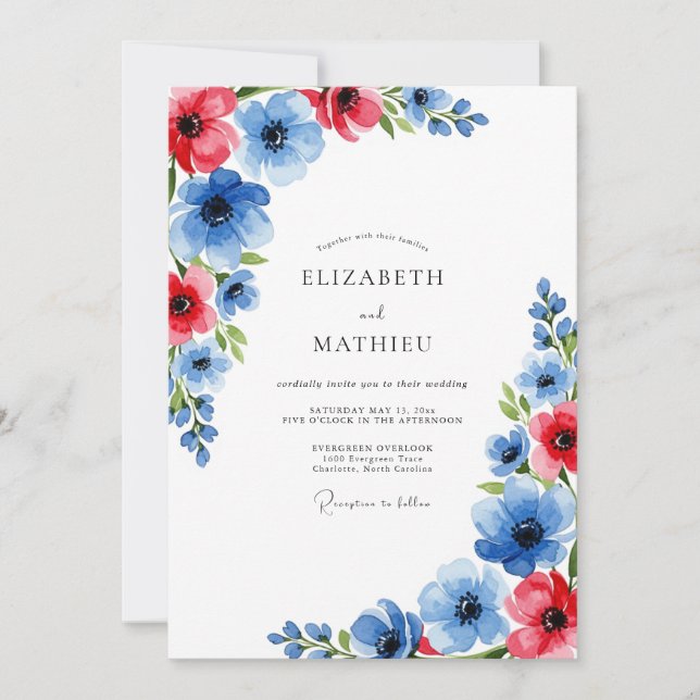 Blue Red Bold Botanical Wedding Invitation (Front)