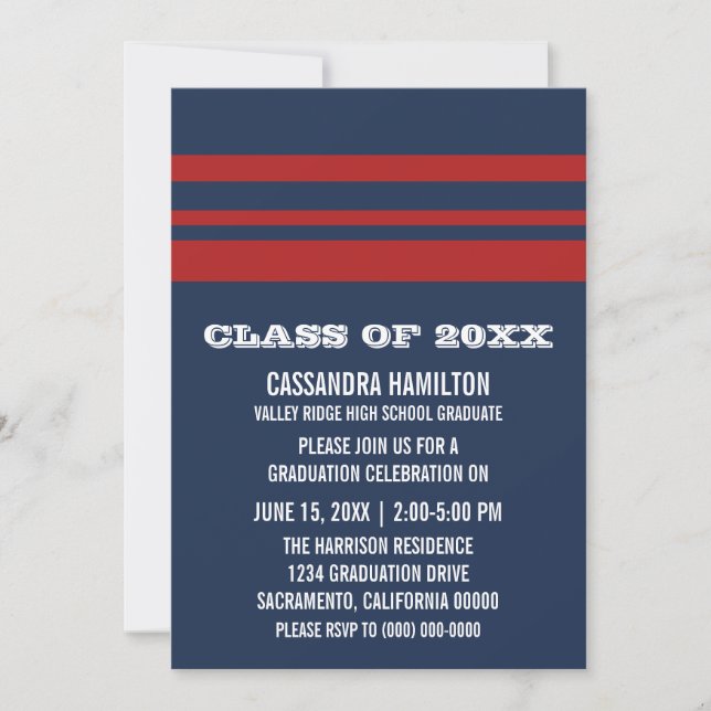 Blue/Red Bold Stripe Graduation Invite (Front)
