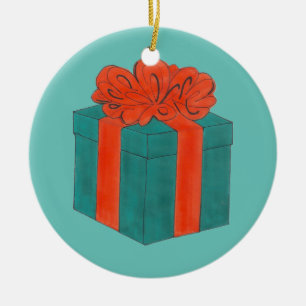 Blue Red Bow Wrapped Holiday Christmas Gift Box Ceramic Tree Decoration