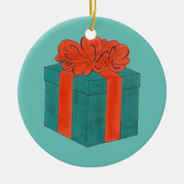 Blue Red Bow Wrapped Holiday Christmas Gift Box Ceramic Tree Decoration (Front)