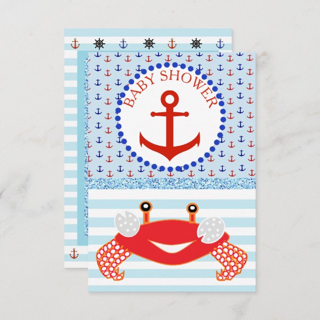 Blue & Red Boy Crab Beachy Baby Shower Invitation (Front/Back)
