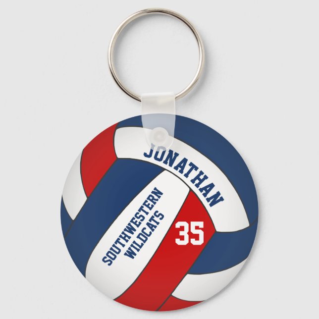 blue red boys' name w team colours volleyball key ring (Front)