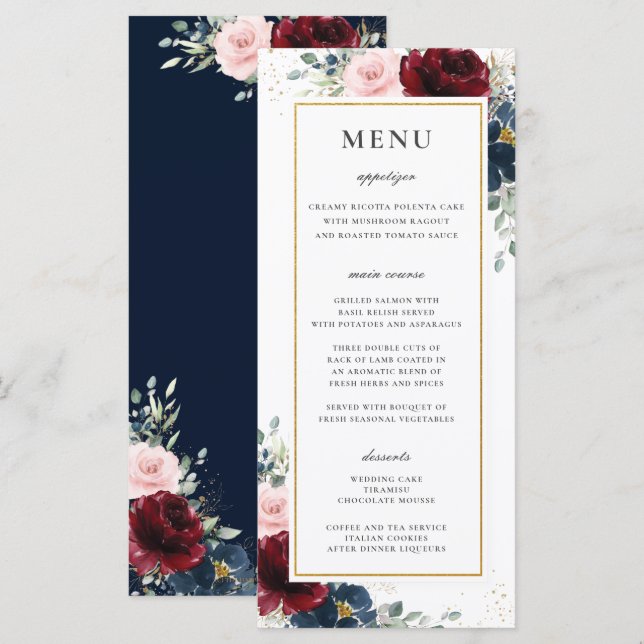 Blue Red Burgundy Blush Pink Floral Wedding Menu (Front/Back)