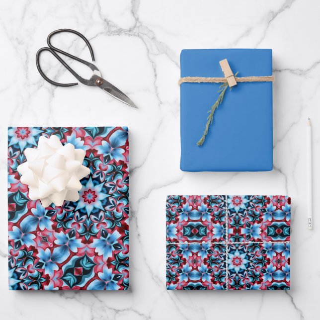 Blue, Red, Burgundy & Dark Grey Pattern Wrapping Paper Sheet (Front)