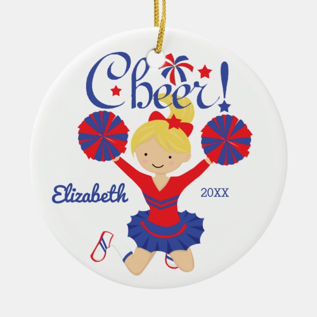 Blue & Red Cheer Blonde Cheerleader Ornament (Front)