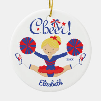 Blue Red Cheer Blonde Cheerleader Personalised Ceramic Tree Decoration