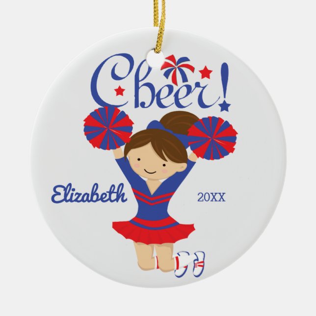 Blue & Red Cheer Brunette Cheerleader Ornament (Front)