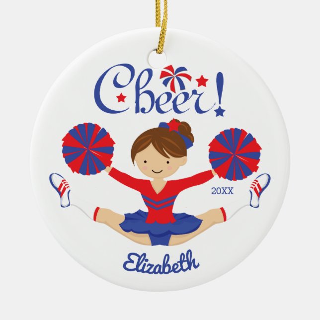 Blue Red Cheer Brunette Cheerleader Personalised Ceramic Tree Decoration (Front)