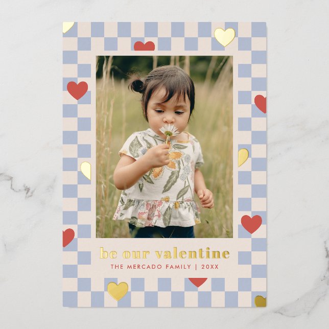 Blue Red Chequerboard Hearts Valentine's Day Card (Front)