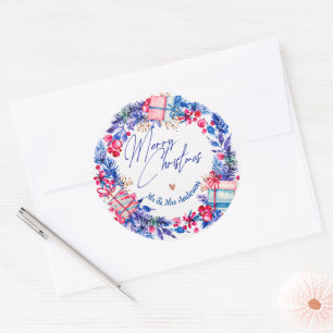Blue Red Christmas Wreath Classic Round Sticker