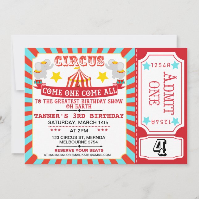 Blue Red Circus Ticket  Circus Tent Birthday Invitation (Front)