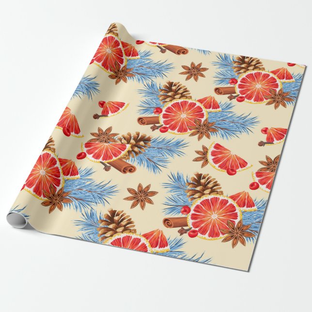 Blue Red Citrus and Spice Merry Christmas Holiday Wrapping Paper (Unrolled)