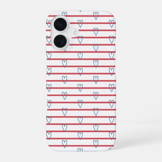 Blue Red Coastal Nautical Hearts Stripes Cute Chic iPhone 16 Case (Back)