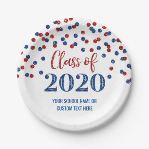 Blue Red Confetti Graduation 2020 Paper Plate