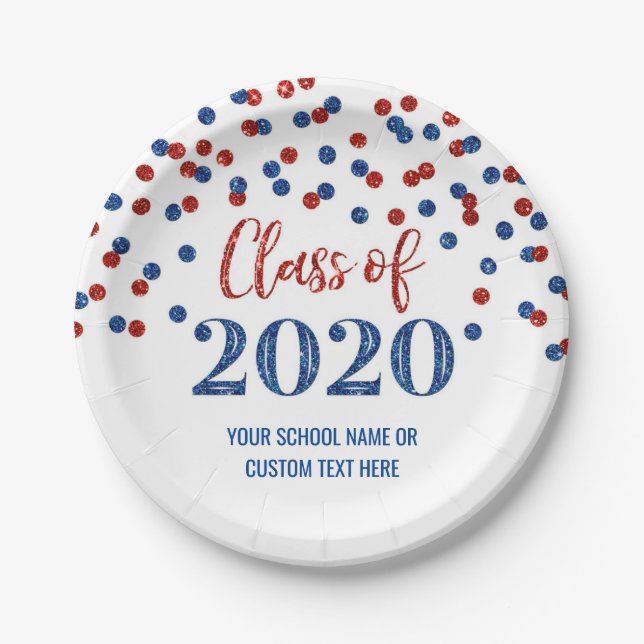 Blue Red Confetti Graduation 2020 Paper Plate (Front)