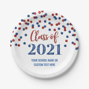 Blue Red Confetti Graduation 2021 Paper Plate