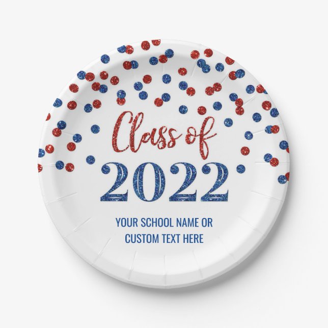 Blue Red Confetti Graduation 2022 Paper Plate (Front)