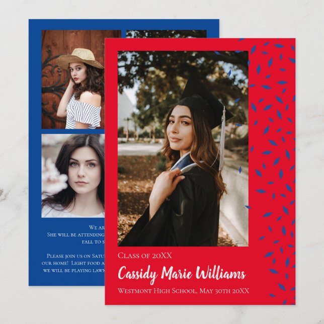 Blue Red Confetti Graduation Announcement (Front/Back)