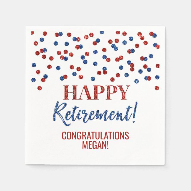 Blue Red Confetti Happy Retirement Napkin (Front)