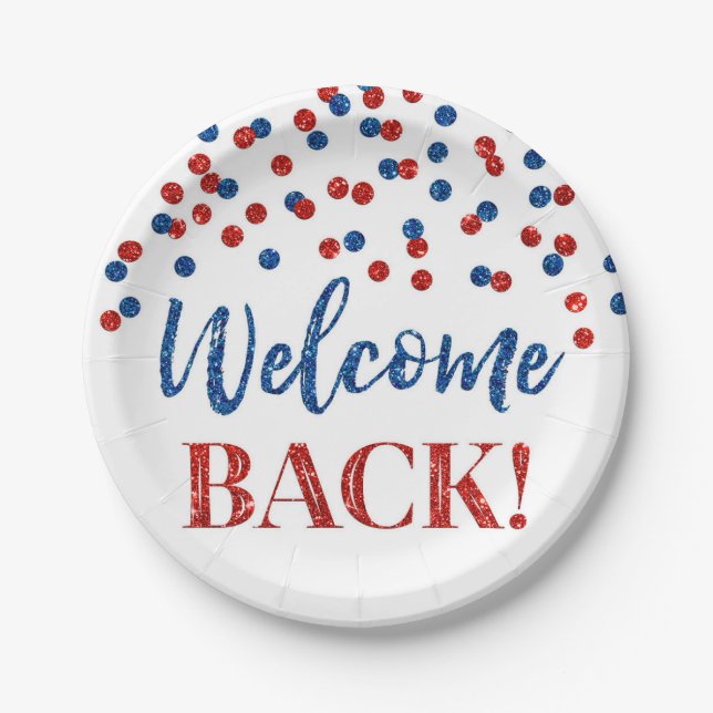 Blue Red Confetti Welcome Back Paper Plates (Front)