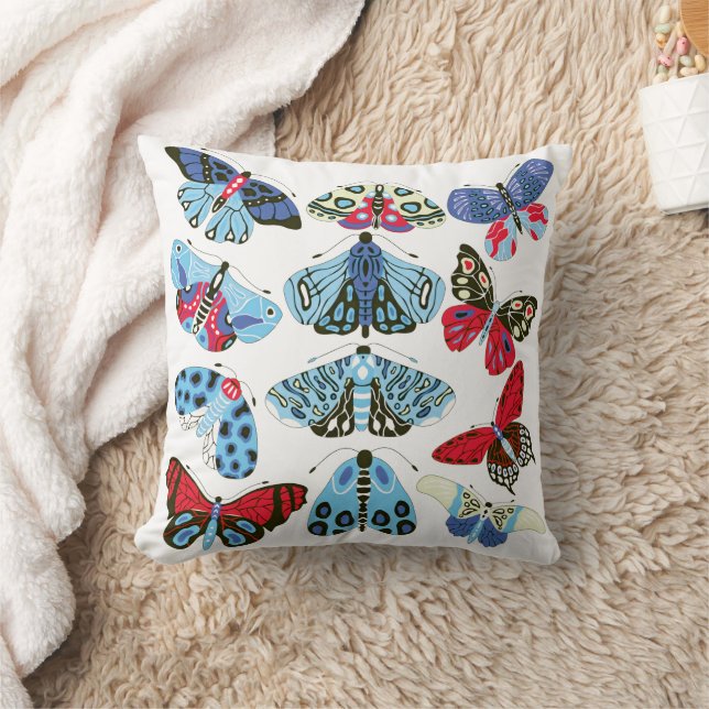 Blue Red Cream moths and butterflies Cushion (Blanket)