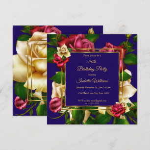 Blue Red cream Rose floral Gold Birthday Party Invitation