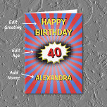 Blue red custom name and age retro birthday card<br><div class="desc">The background for this eye-catching birthday card is an explosion in deep red and blue, with a yellow-edged central cloudburst. There is a vintage comic retro vibe to the design with crisp bright colours and images. Edit the Happy Birthday greeting, edit the number, change the name, and personalise the message...</div>