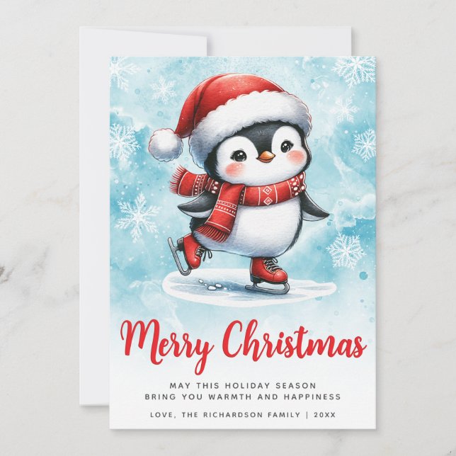 Blue Red Cute Ice Skating Penguin Merry Christmas Holiday Card (Front)