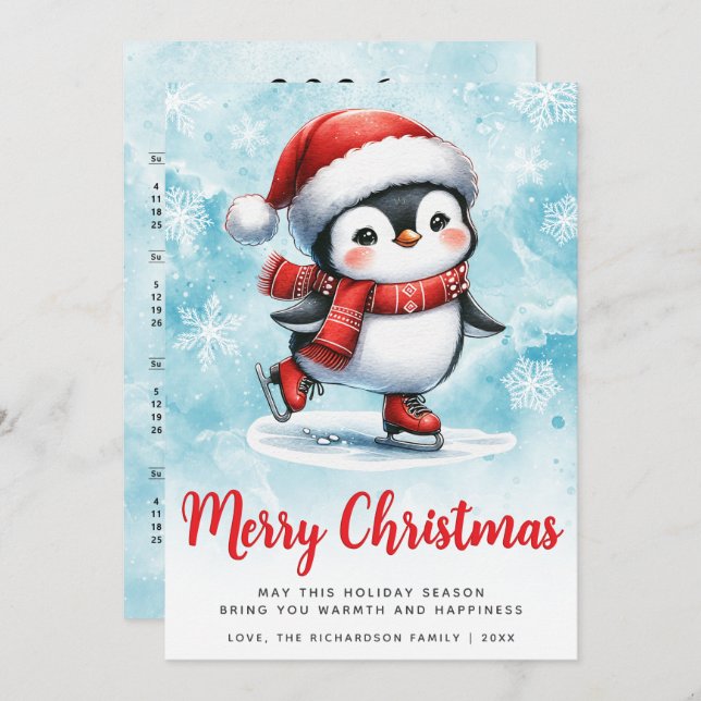 Blue Red Cute Ice Skating Penguin Merry Christmas Holiday Card (Front/Back)