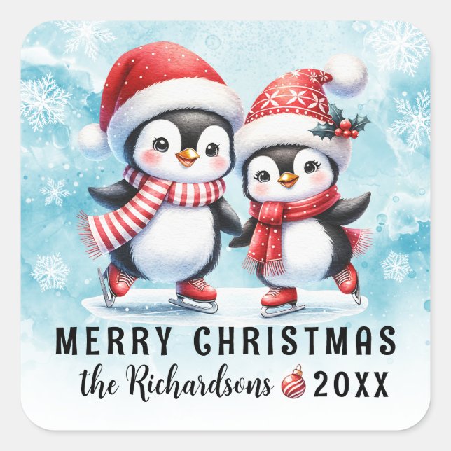 Blue Red Cute Penguins Custom Merry Christmas Square Sticker (Front)