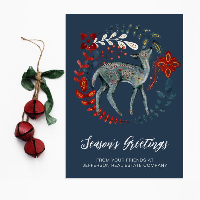 Blue Red Deer Wreath Nordic Folk Business   Holiday Postcard (Creator Uploaded)